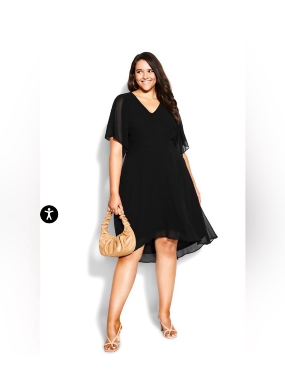 City Chic Black V-Neck High-Low Chiffon Dress with Flutter Sleeves